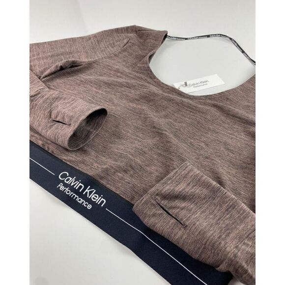 Calvin Klein Performance Stretch Long Sleeve Crop Top Womens XL  Brown AX0231 - Picture 6 of 8